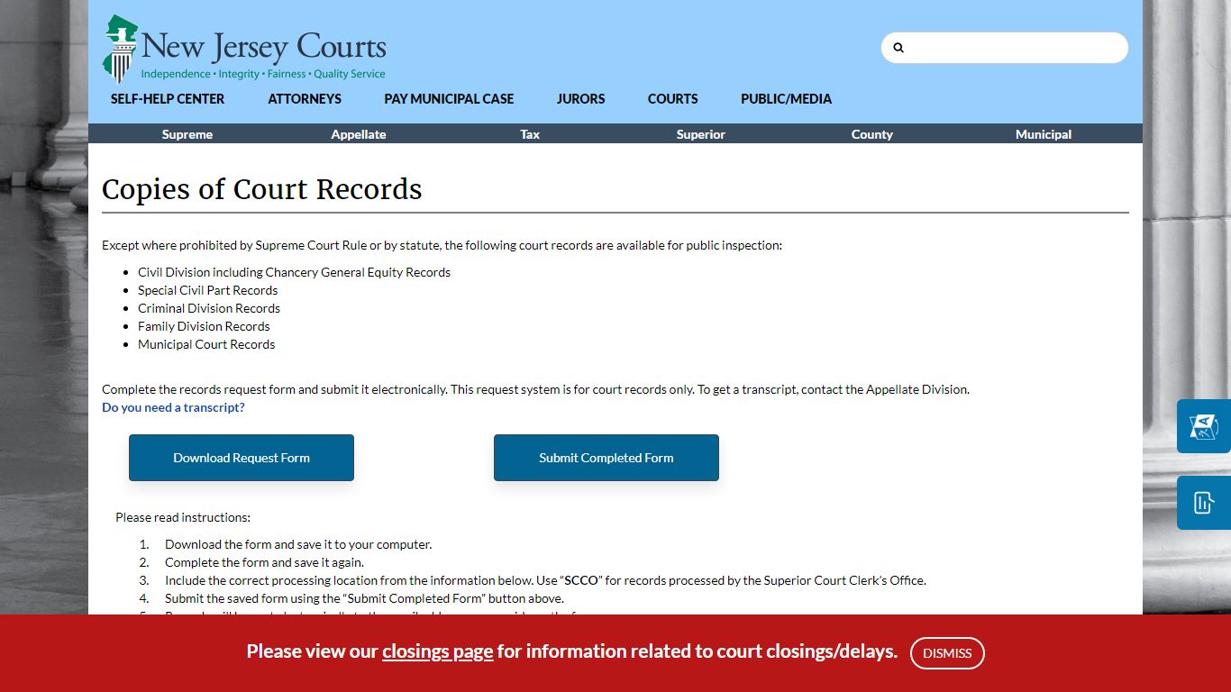 Copies of Court Records - New Jersey Superior Court